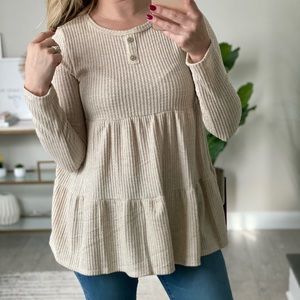 🆕 Oatmeal Waffled Henley Babydoll Tunic Top